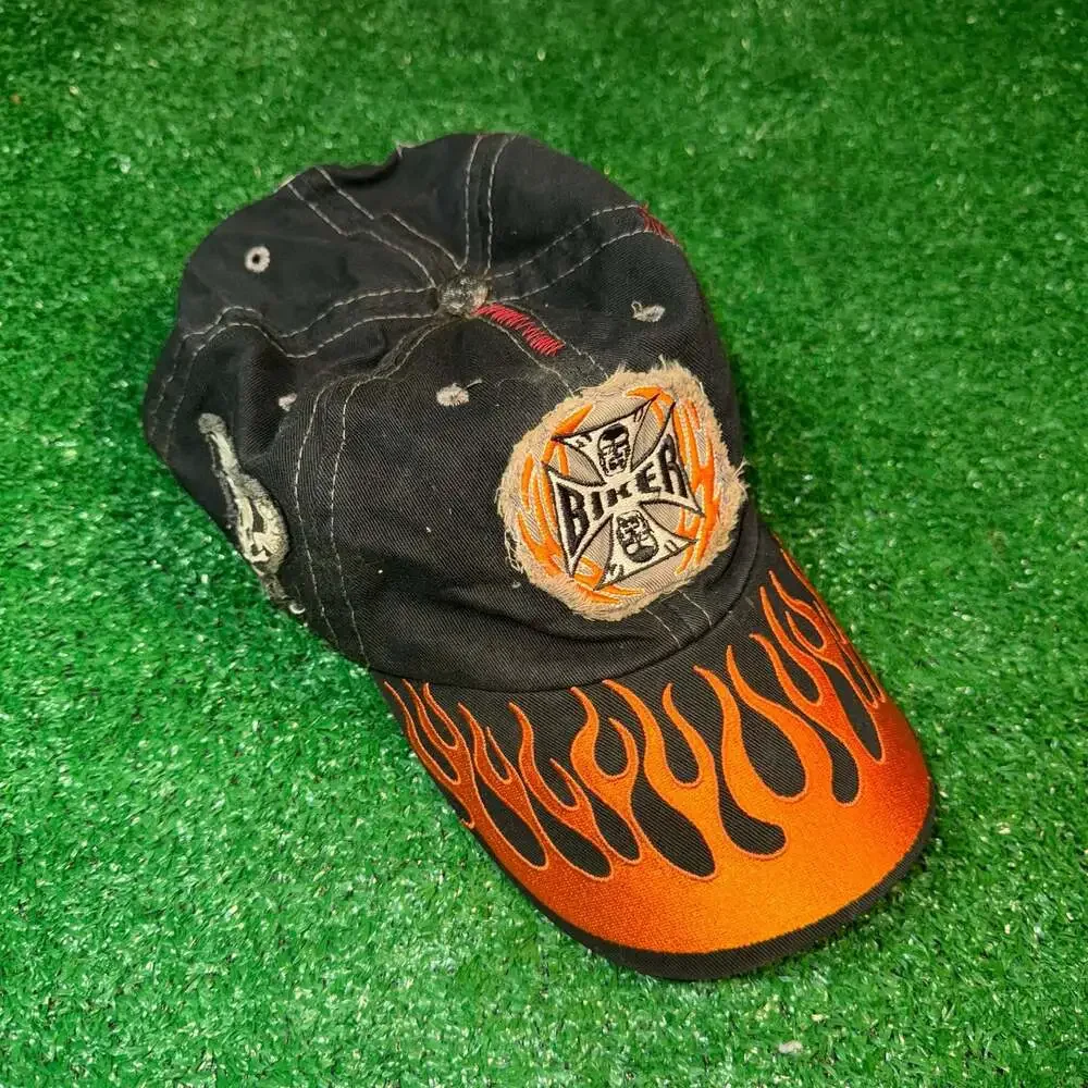 Vintage Biker Live To Ride Skull and Flames Adjustable Hat Harley Davidson